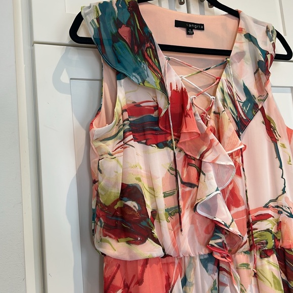 Sangria Watercolour Floral Ruffle Maxi Sleeveless Tropical Dress Size 10 - Picture 8 of 15